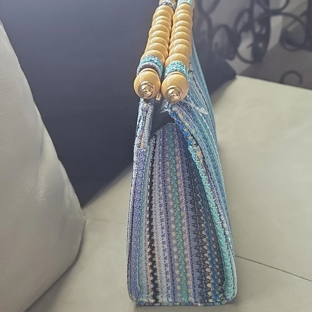 Striped Turquoise Blue and Green Handbag with Wooden Handles